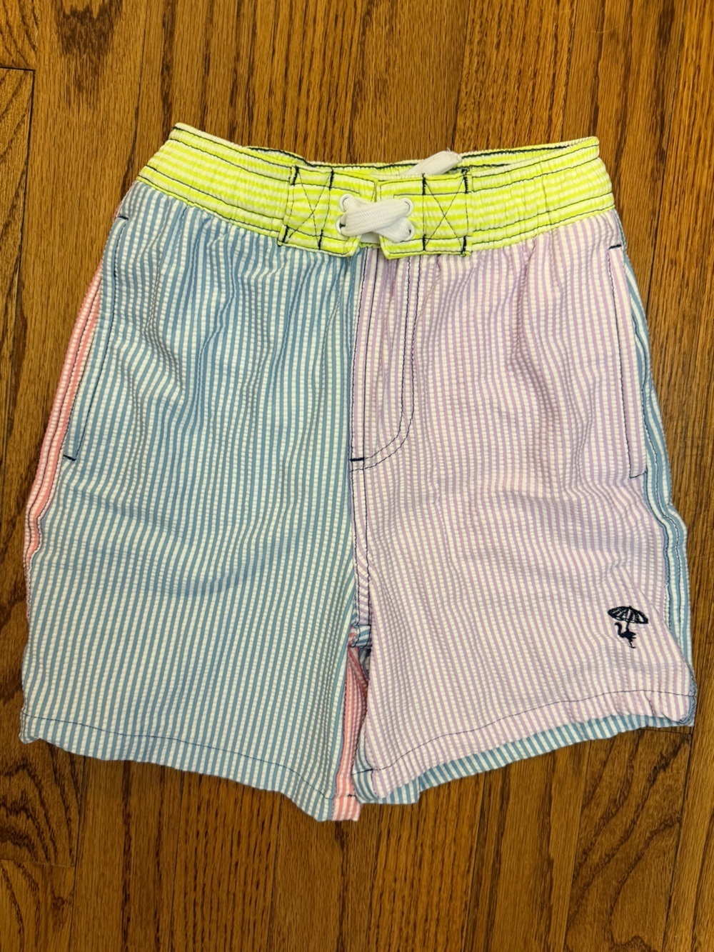 NWOT Boys Seersucker Colorblock 4 Way Stretch Swim Trunk, size: 5T